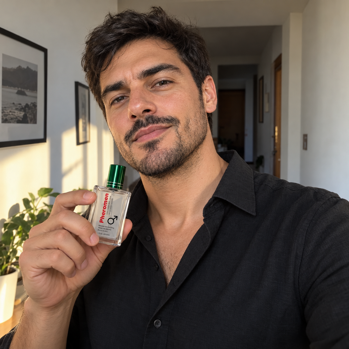 Foto de estilo UGC para testimonio de ejemplo de perfume Pheromen masculino