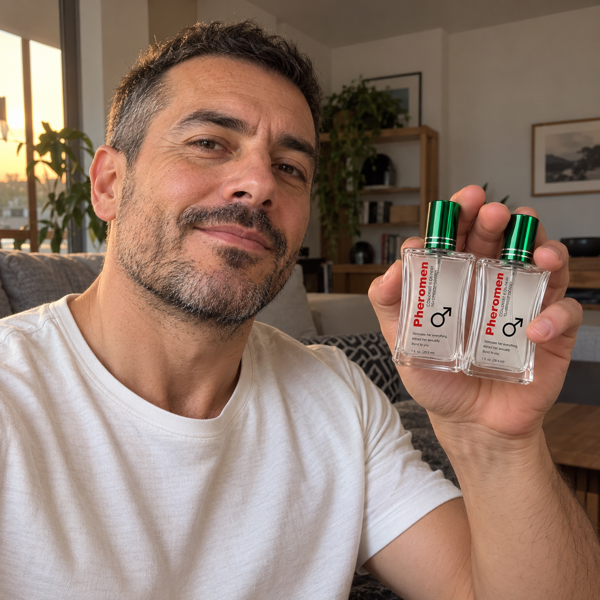 Foto de estilo UGC para testimonio de ejemplo de perfume Pheromen masculino