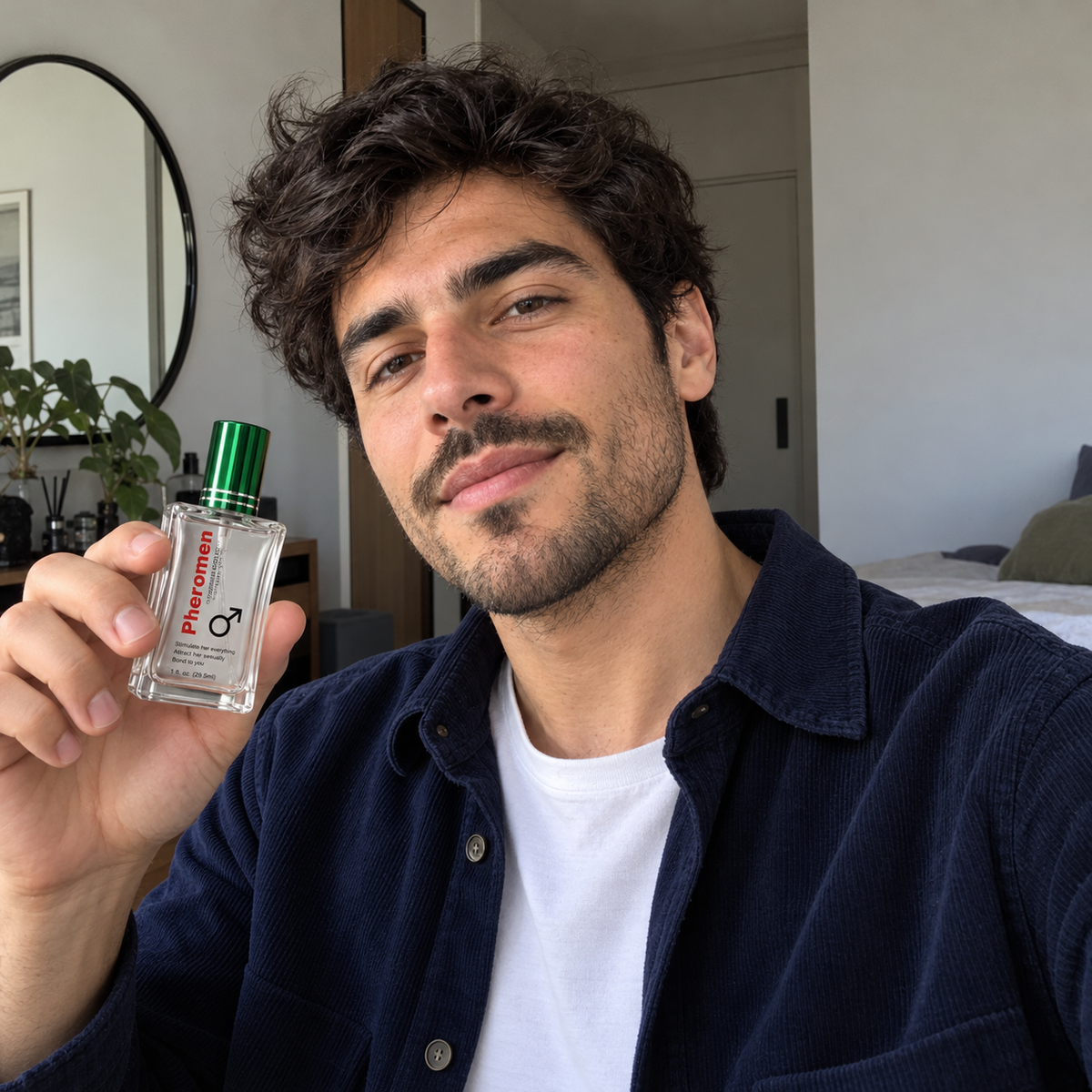 Foto de estilo UGC para testimonio de ejemplo de perfume Pheromen masculino