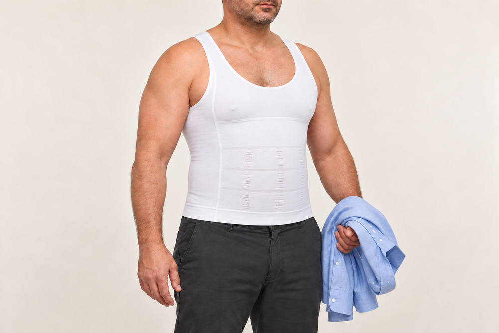 Comparación ilustrativa de calce · Camiseta compresora visible y camisa azul en la mano